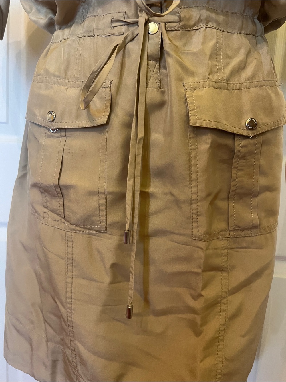 Women's Silk Tan Utility Shirt Dress - Casual Drawstring Waist S/P - Picture 5 of 8